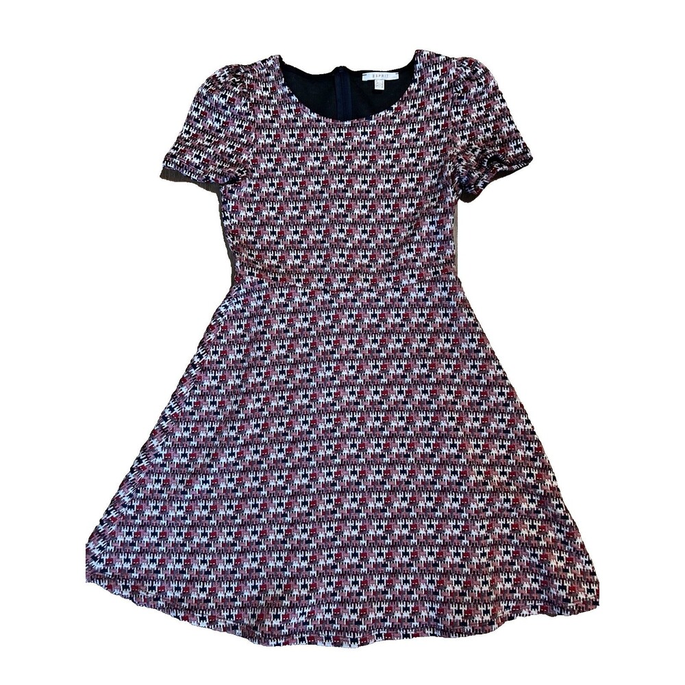 Esprit Women's A-Line Skater Dress Size 2 Burgundy Navy Geometric Puff Sleeve